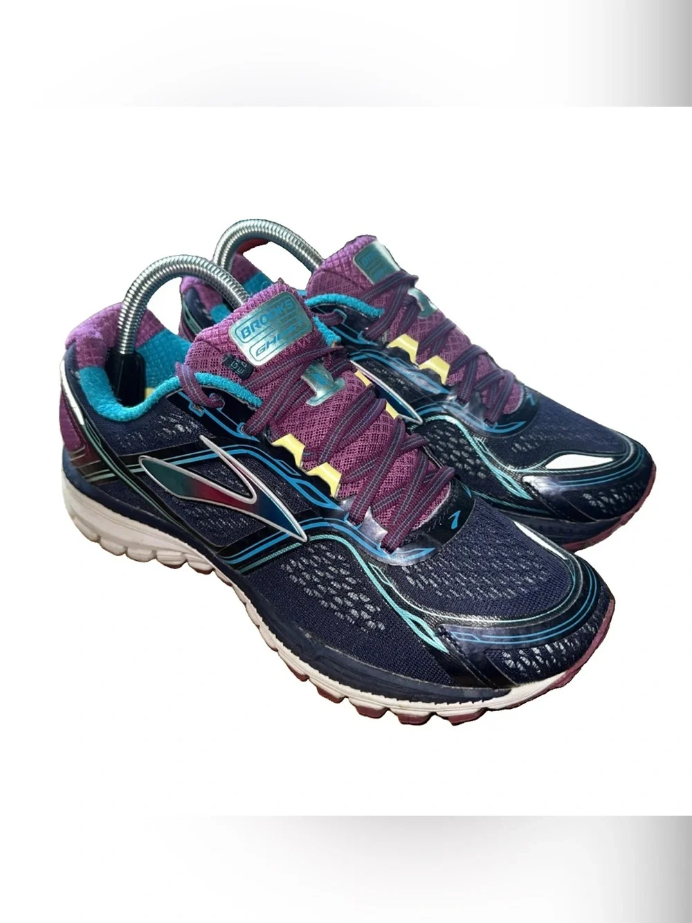 Brooks Women 9 Running Shoes Ghost 8 Black Purple Turquoise Sneakers
